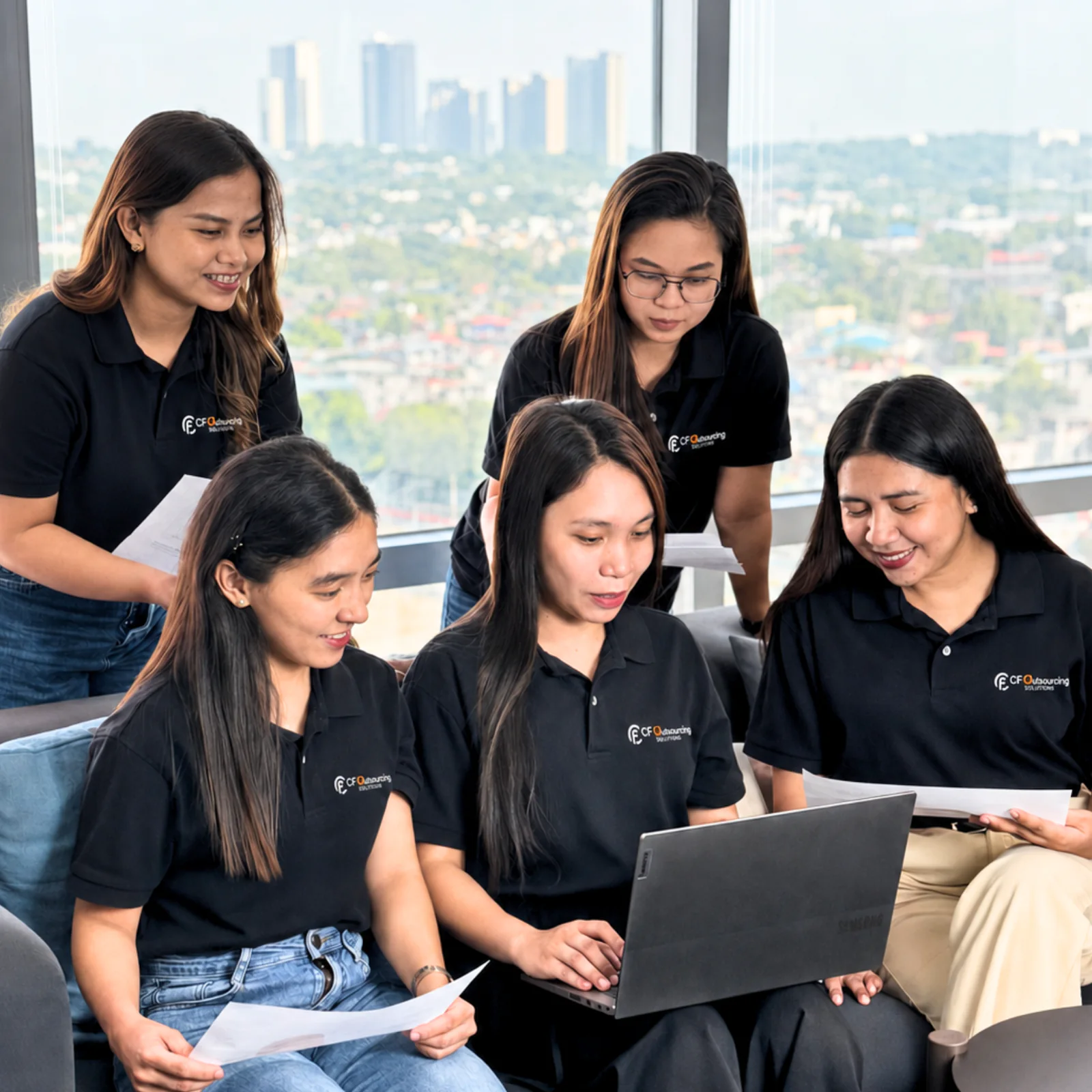 CF Outsourcing team members collaborating around a laptop in the Philippines operations office